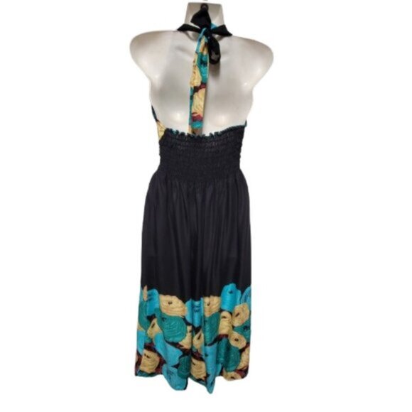 Halter Colorful Dress Summer Halter Dress in Blue, Green and Tan Floral Print - Picture 3 of 15